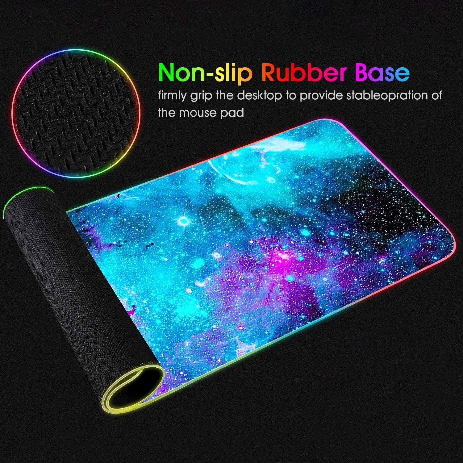 RGB Gaming Mouse Pad with Coffee Coaster, XXL Large Glowing LED Mousepad, Anti-Slip Rubber Base, Computer Keyboard Desk Mouse Mat 31.5 X 11.8 Inch - Blue Galaxy Nebula Universe Space
