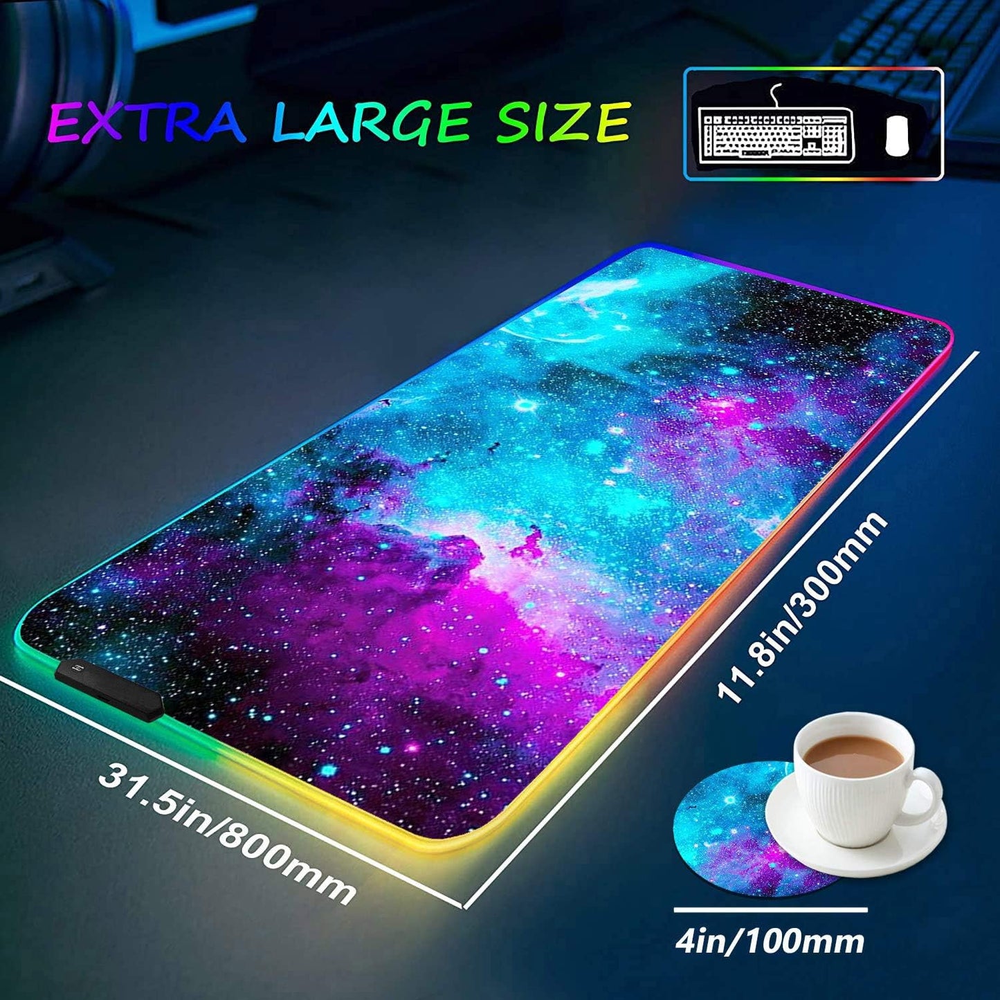 RGB Gaming Mouse Pad with Coffee Coaster, XXL Large Glowing LED Mousepad, Anti-Slip Rubber Base, Computer Keyboard Desk Mouse Mat 31.5 X 11.8 Inch - Blue Galaxy Nebula Universe Space